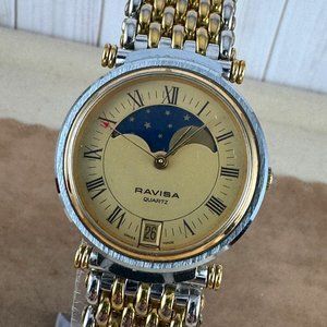 Classic Swiss Made Ravisa Quartz Moon Phase Champagne Dial 2 Tone Ladies Watch